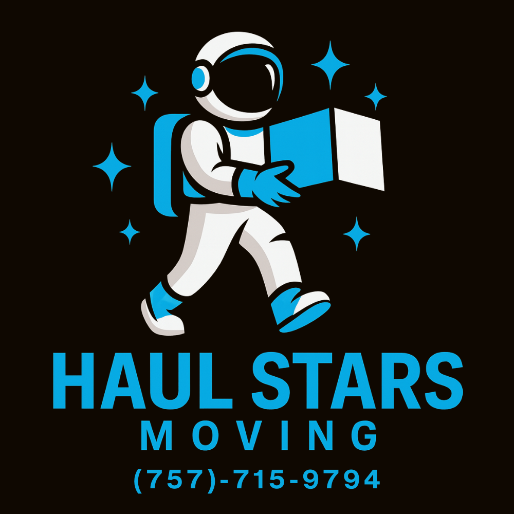 Logo of an astronaut carrying a box for Haul Stars Moving company.