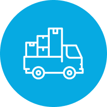 Icon of a delivery truck carrying multiple boxes on a blue background.