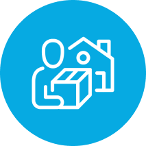 Icon showing delivery person with package and house symbol.