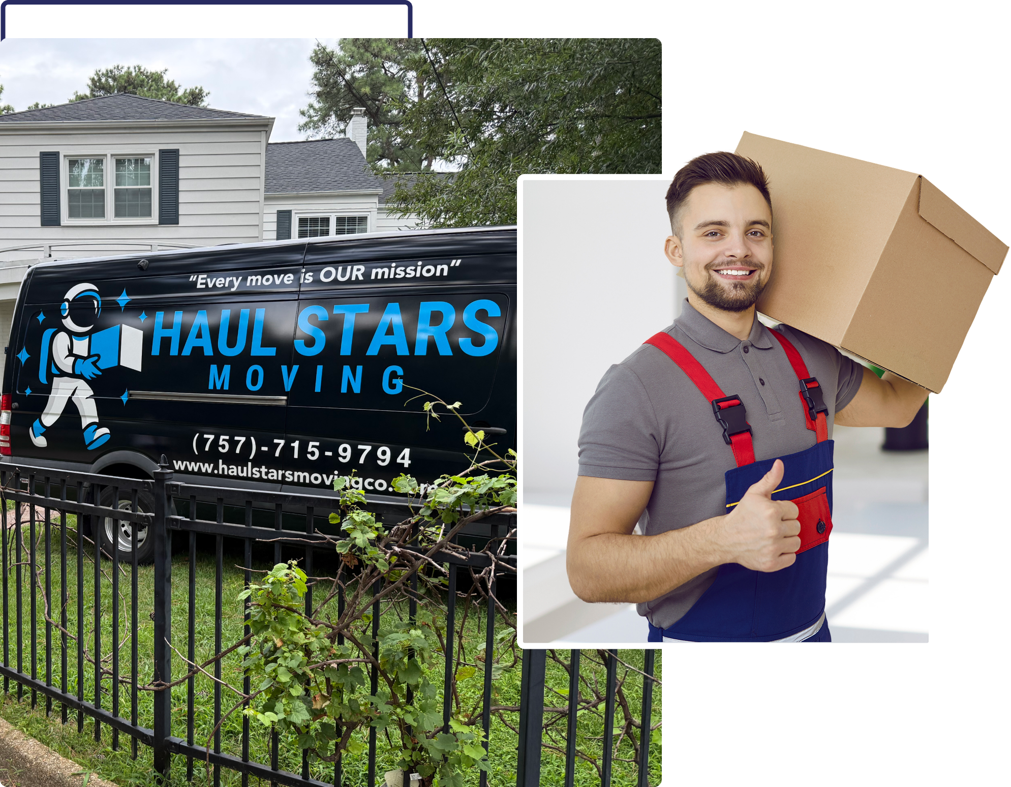 A smiling mover holding paint swatches stands next to a moving company sign.